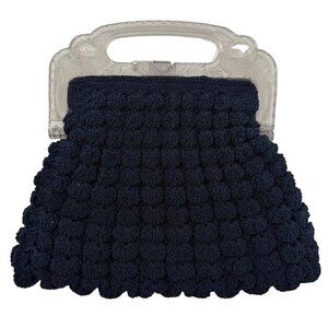 VINTAGE 30s Popcorn Crochet Navy Blue Peacock Handle Evening Bag